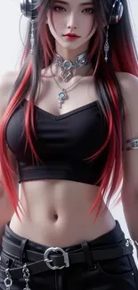Anime girl with headphones and red highlights.