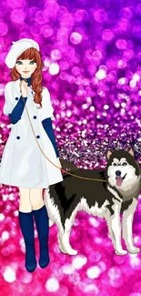 Anime girl and husky on pink purple bokeh background.