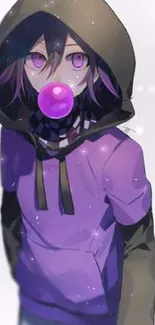 Anime character in purple hoodie with bubblegum.