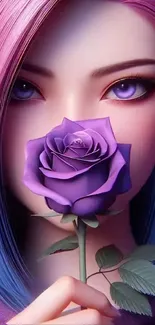 Anime lady holding a purple rose with vibrant colors.