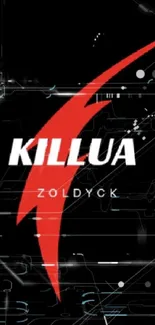 Killua Zoldyck logo on black wallpaper with red and white accents.