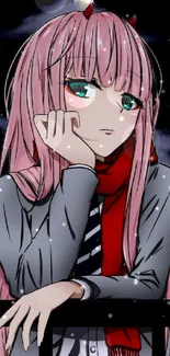 Anime character with pink hair and red scarf on a night sky background.