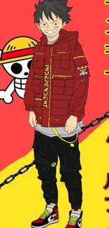 Anime pirate character with red background and vibrant colors.