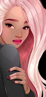 Anime character with pink hair in stylish pose and dark attire.