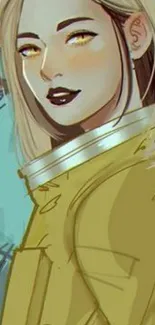 Anime portrait with blonde hair and golden eyes in mustard outfit.