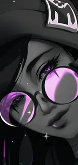 Anime character with pink glasses and dark tones.