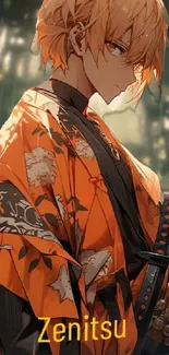 Stylish anime samurai in orange attire.