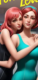 Anime sisters in stylish swimsuits embracing.