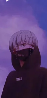 Anime character in a hoodie against a purple sky with clouds.