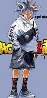 Anime character in street-style attire with Super Saiyan theme.