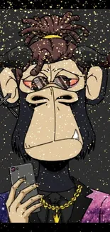 Stylish ape holding phone, trendy wallpaper art.