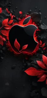 Black Apple logo with red leaves on dark background.