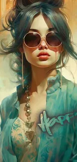 Artistic wallpaper featuring a stylish woman in teal and gold hues.