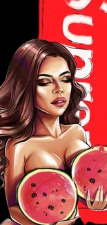 Stylish art featuring a woman holding watermelons against a red backdrop.