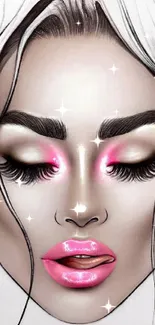 Artistic face illustration with pink accents and detailed features.