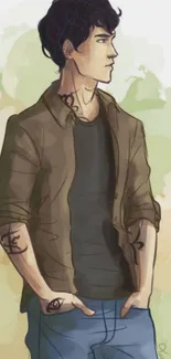 Illustrated male character in stylish olive green outfit.