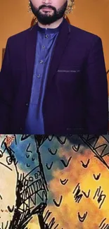 Man in a purple suit with an artistic background on a mobile wallpaper.