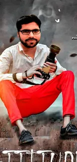 Man in red pants posing confidently with camera and attitude.