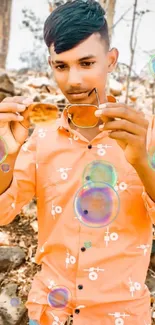 Young man in orange shirt with bubbles in nature.