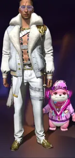 Avatar in white attire with pink creature