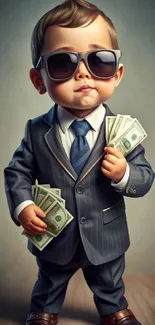 Baby in suit holding money, wearing sunglasses, digital art style.