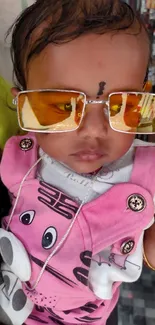 Adorable baby in pink dungarees wearing sunglasses in a busy market.