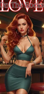 Stylish woman in teal outfit at a bar, artistic wallpaper.