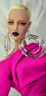 Doll in vibrant fashion with magenta outfit and large earrings.