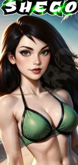 Anime character in green bikini on beach wallpaper.