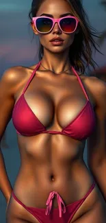 A stylish woman in pink bikini and sunglasses on the beach.