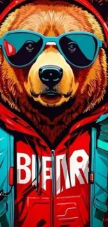 Illustrated bear in red hoodie and sunglasses.