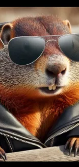 Beaver wearing sunglasses and leather jacket, showcasing a stylish look.