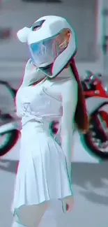 Biker girl in white helmet with 3D effect, standing stylishly by a motorcycle.