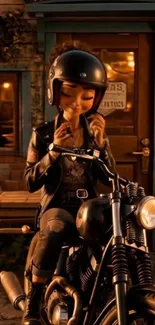 Animated biker character on motorcycle in cozy urban setting.