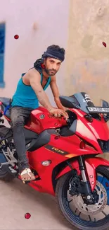 Man posing on red sportsbike in urban setting