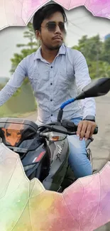 Biker on motorcycle with pastel frame background.