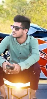 Man posing with sports bike in outdoor setting.