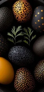 Elegant black and gold patterned eggs arranged artistically in a stylish design.