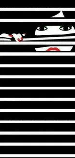 Mysterious face peeking through striped black and white design wallpaper.