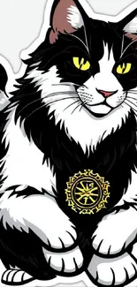 Black and white cat art with yellow eyes and mystical emblem.