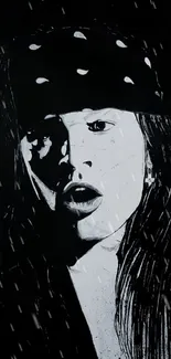 Black and white illustration of a person wearing a bandana, with a mysterious expression.