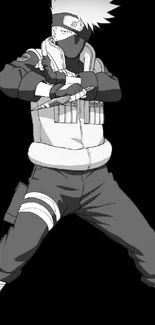 Black and white anime ninja in iconic pose on dark background.