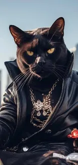 Stylish black cat in a leather jacket with a cityscape backdrop.