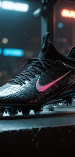 Black football cleat with pink swoosh on urban background wallpaper.