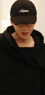 Person in black hoodie with glasses and cap, stylish vibe.