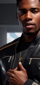 Person wearing a black leather jacket in stylish portrait