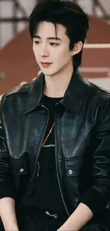 Person in black leather jacket with stylish look.