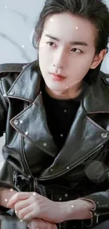 Person in a black leather jacket with a stylish background.