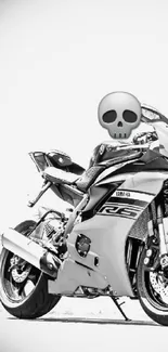 Monochrome sports bike with skull emoji design.