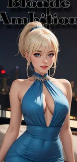 Artistic blonde in blue dress against cityscape, mobile wallpaper.